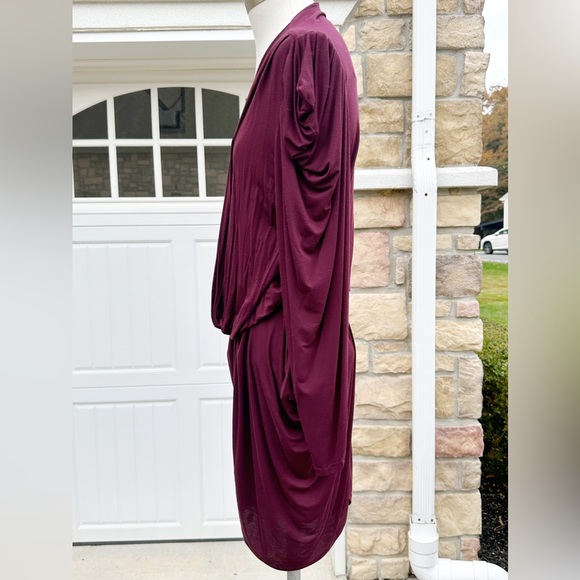 RILLER AND FOUNT BURGUNDY PLUM JERSEY LING SLEEVE RUCHED DRESS 3 LARGE - Picture 3 of 4